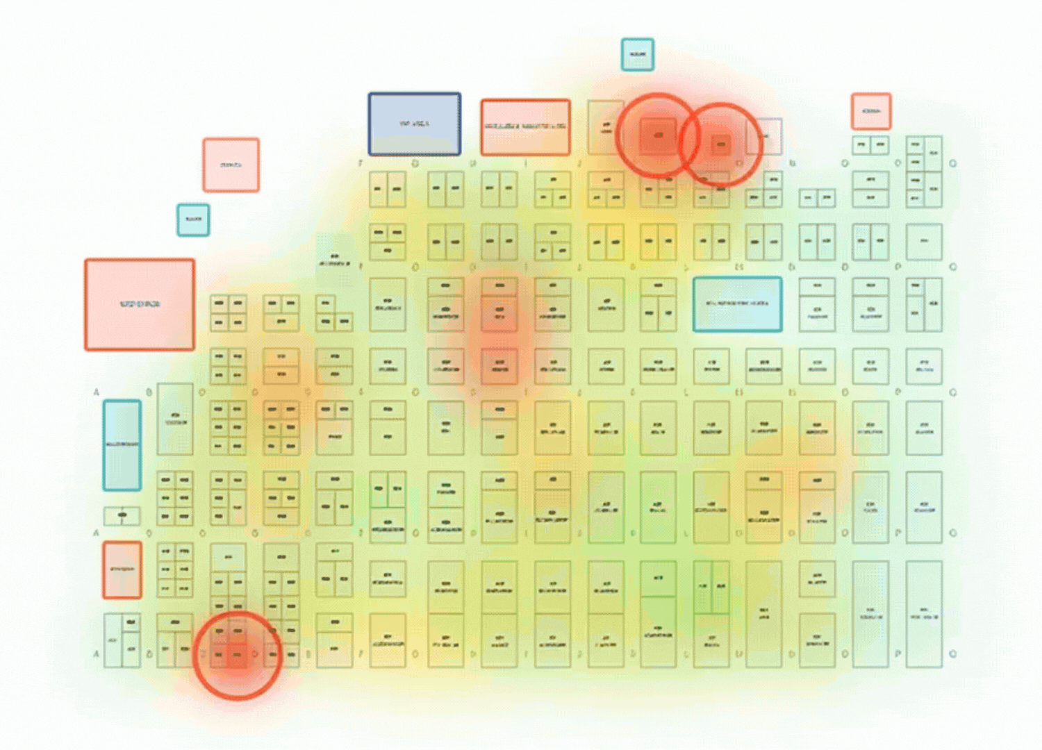 Mapa del recinto con áreas de interacción representadas por intensidad de color